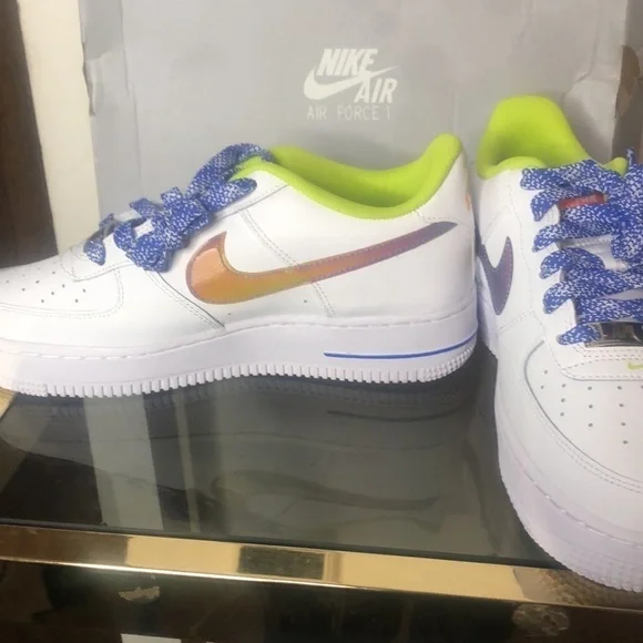 Nike Air Force one white /multi colored medium blue sneakers size 6y​ - Picture 9 of 11